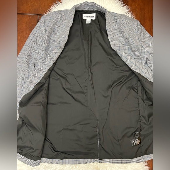 Steve Madden Size XL One Button Plaid Blazer Houndstooth Black White Blue - Picture 5 of 14